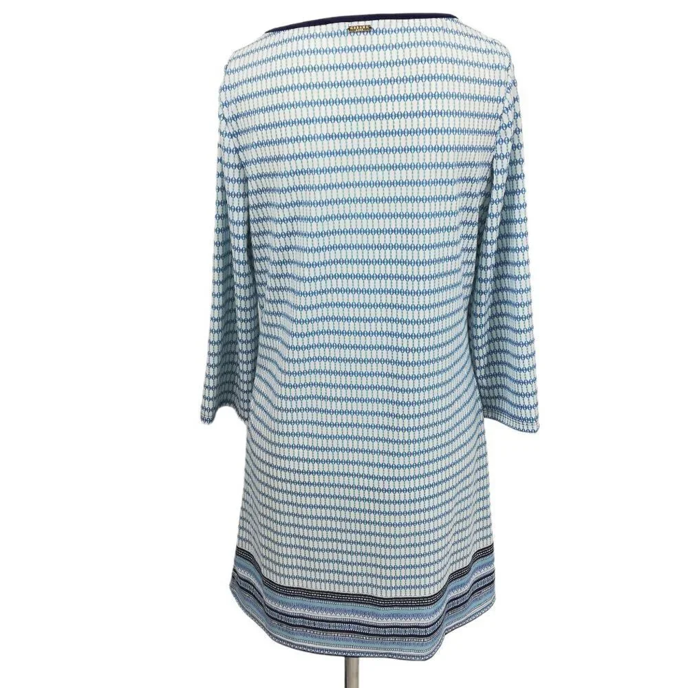Cabana Life Stretch 3/4 Sleeve Geometric Dress Size M Blue UPF Shift Resort